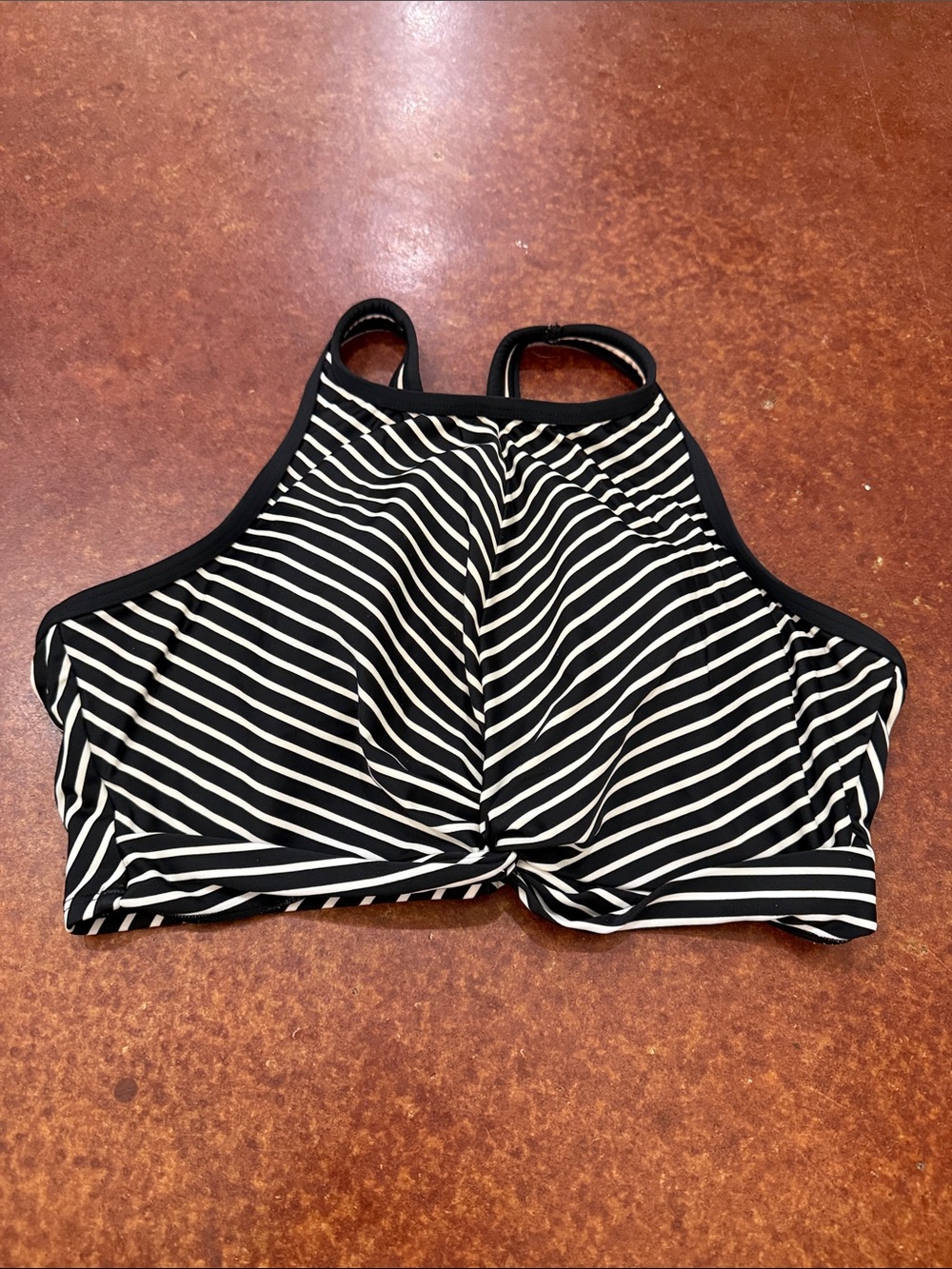 Kona Sol Black & White Striped High-Neck Bikini Top with Front Knot